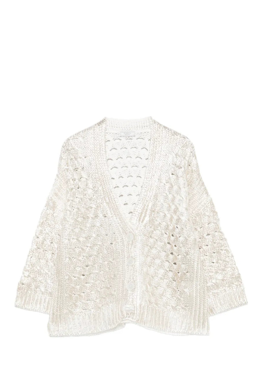 Gold sparkle v neck cardigan on a white background