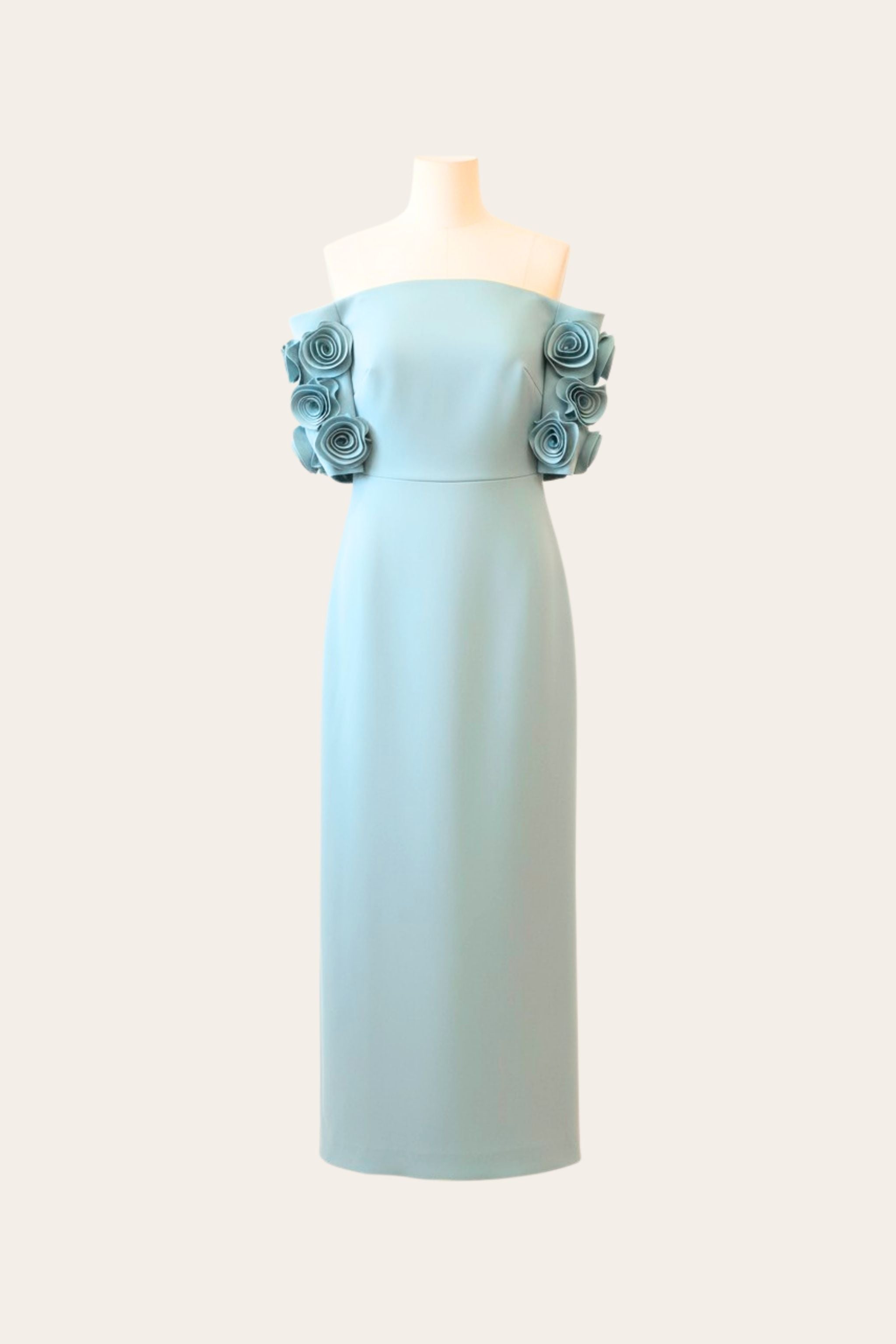 Light blue strapless dress with floral details on a mannequin against a white background.