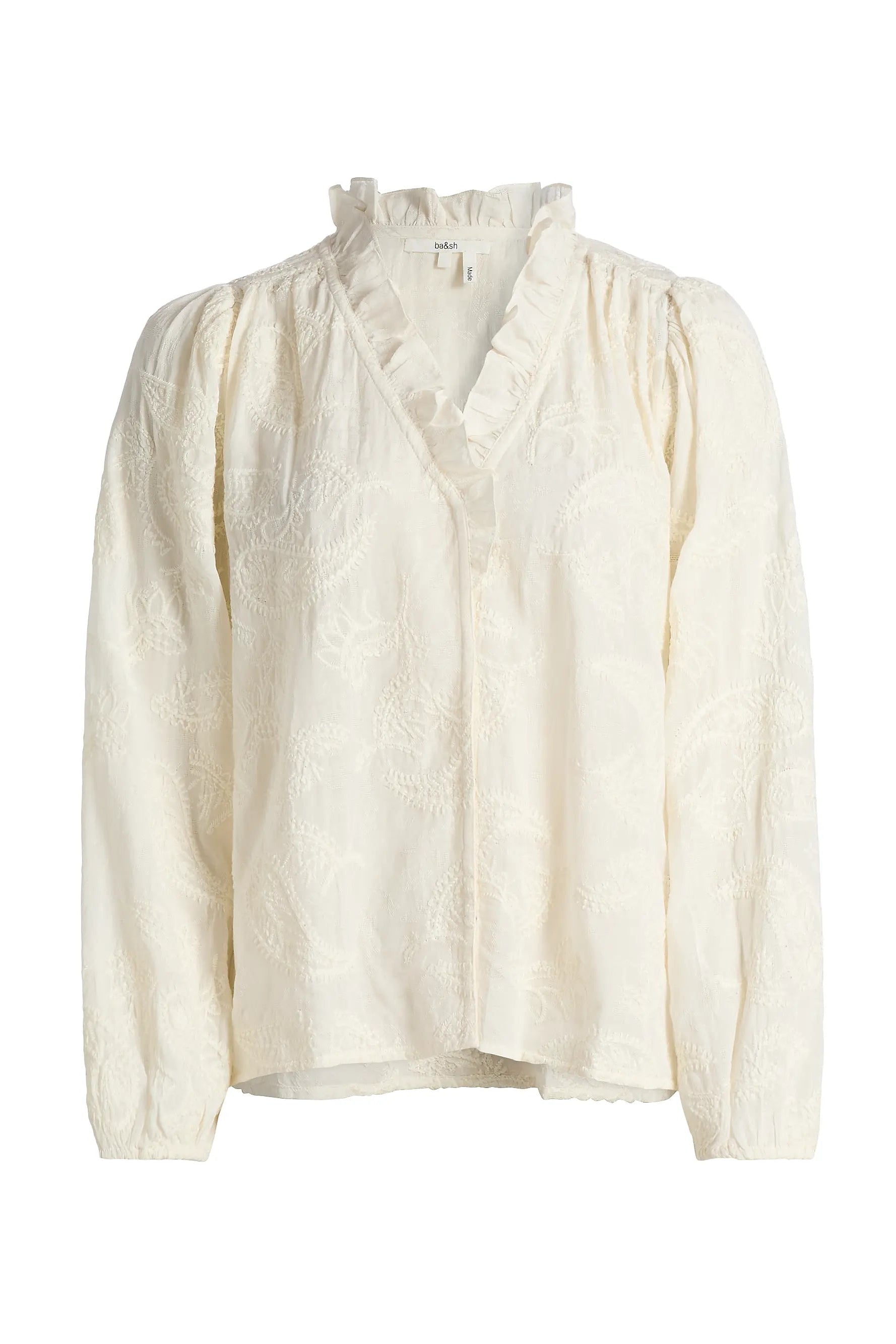 White blouse with long sleeves on a white background.