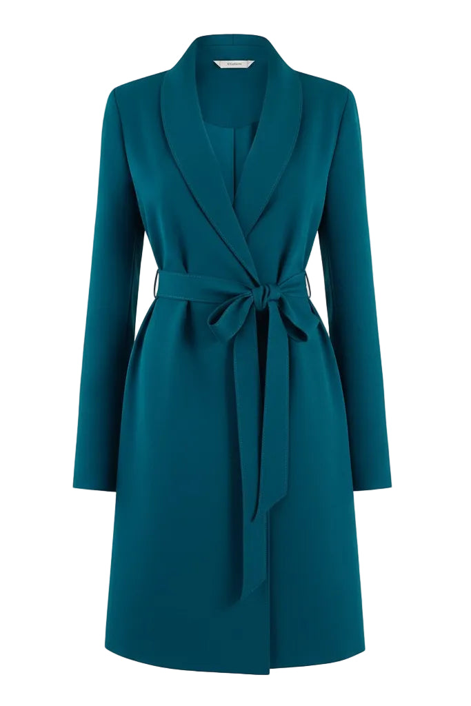 Teal wrap cardigan with a belt on a white background.