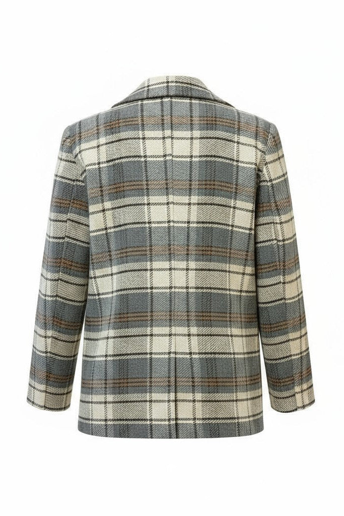 Back of a plaid coat on a white background.