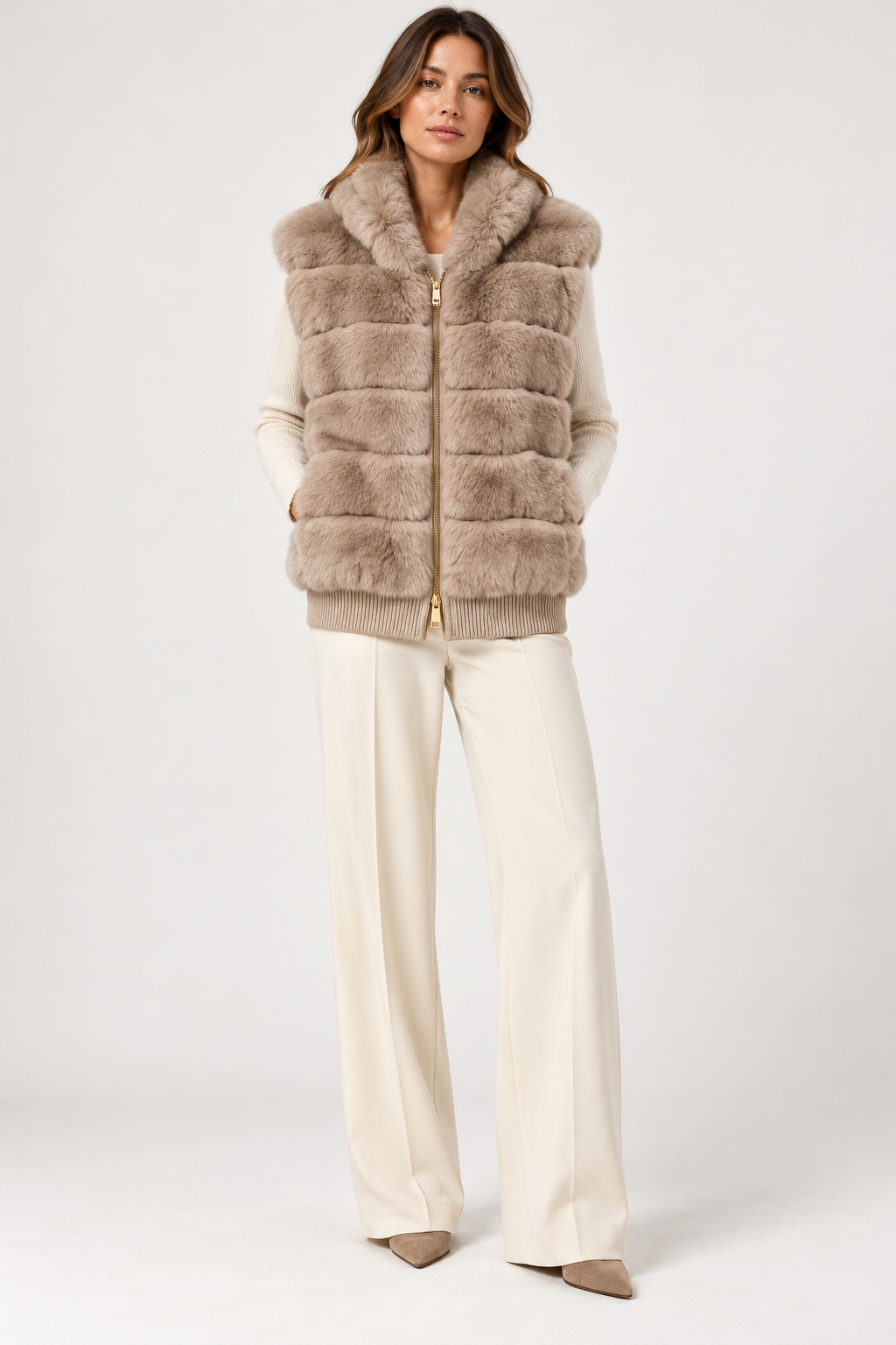 Front-facing full-length model wearing the Suprema Rex rabbit fur vest in soft taupe, featuring horizontal fur panels, a plush shawl collar, gold-tone front zipper, and ribbed wool-cashmere hem. Styled over an ivory knit top with cream wide-leg trousers and neutral pointed-toe shoes against a clean studio background.