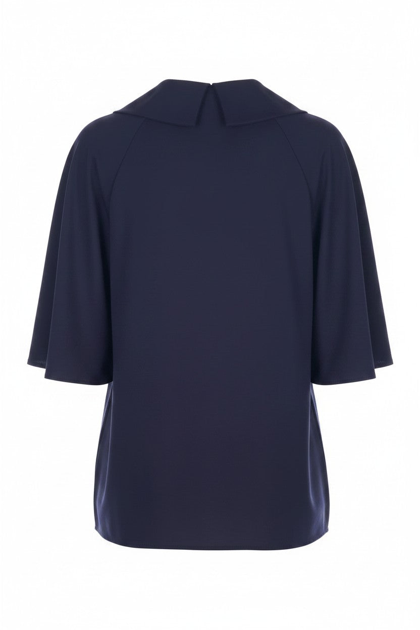 Navy blue blouse with a collar on a white background.