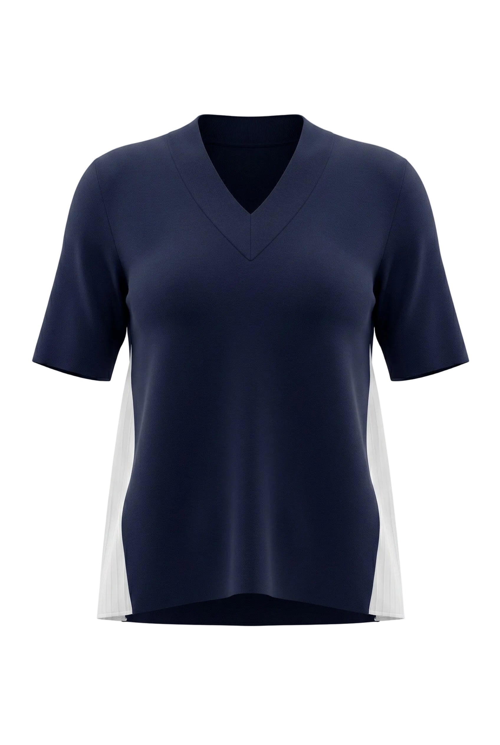 Navy blue sweater with white sides on a white background.