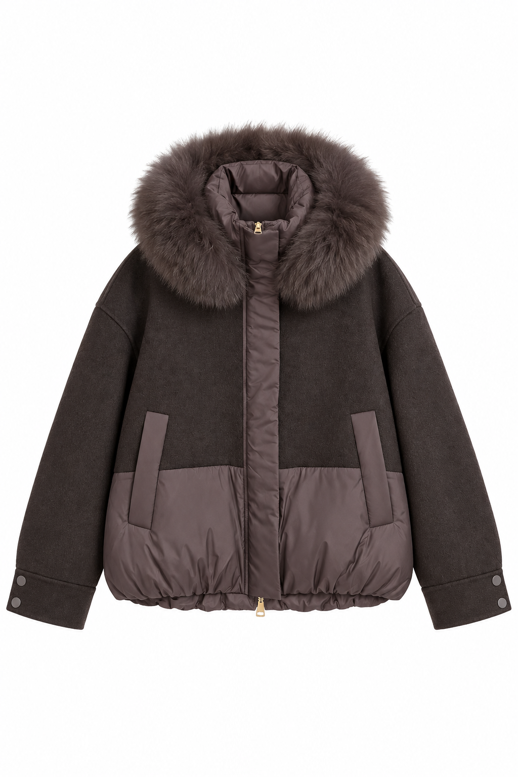 Dark brown mixed-media puffer jacket featuring a plush fur-trimmed hood, wool-textured upper panels, padded lower section, angled pockets and gold zipper detail on a white background.