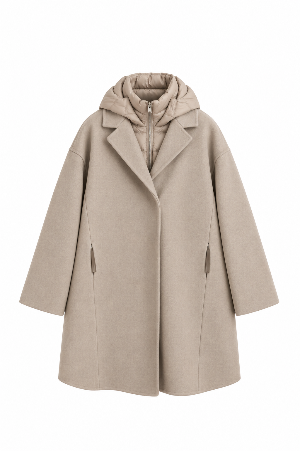 Taupe long coat with oversized lapels, zip pockets, and a quilted hooded insert, shown from the front on a white background.