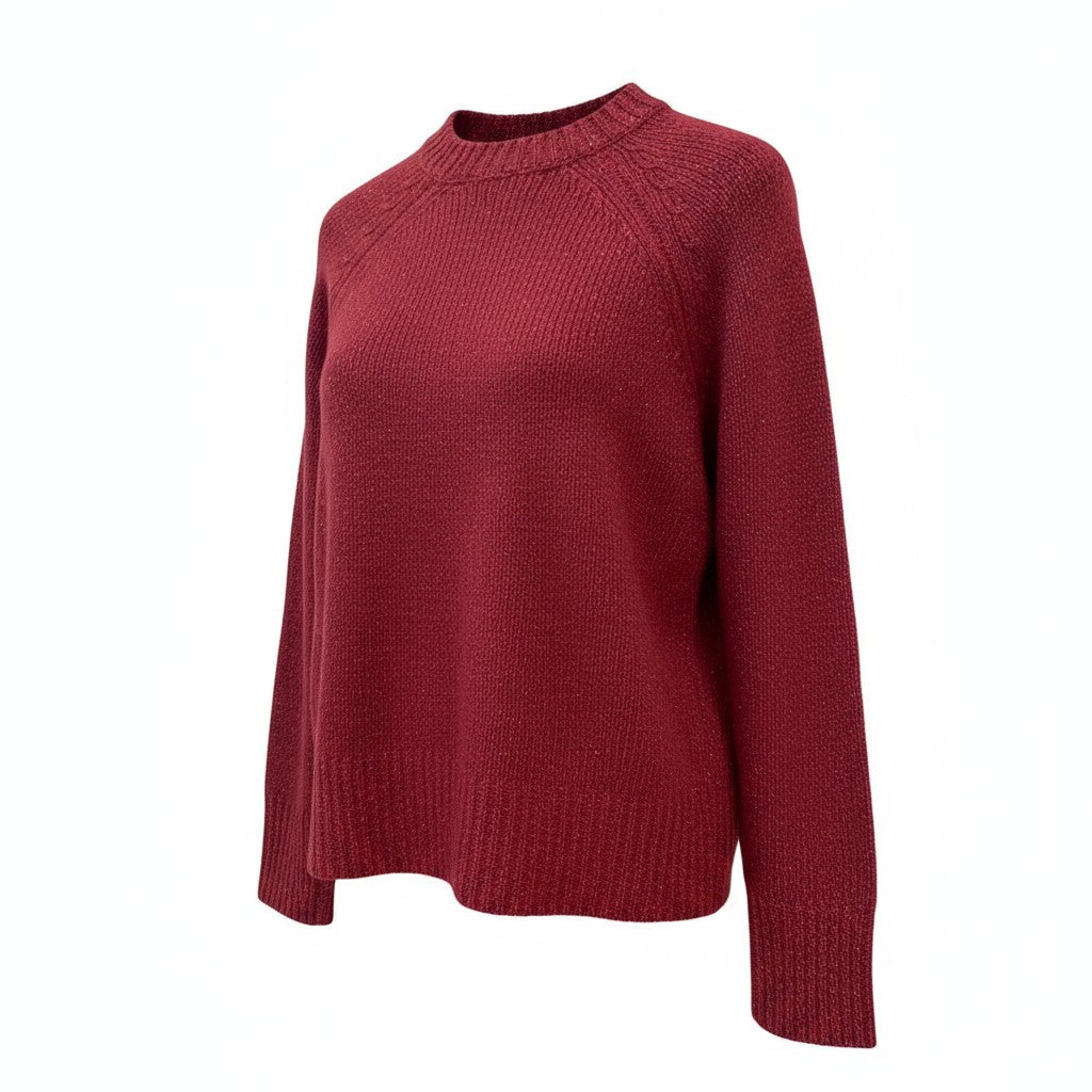 Side view of a red sweater on a white background.