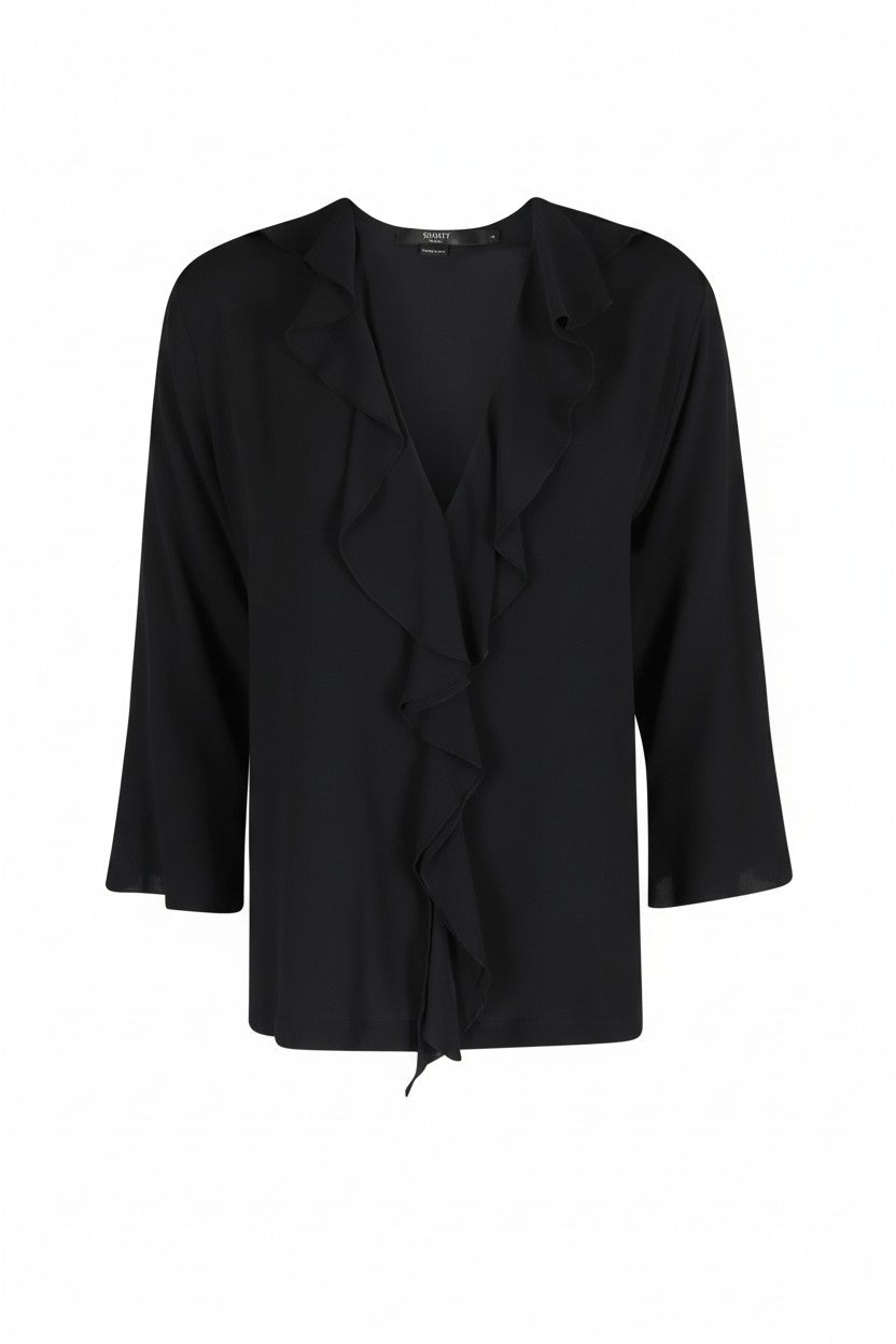 Black blouse with ruffle detail on a white background.