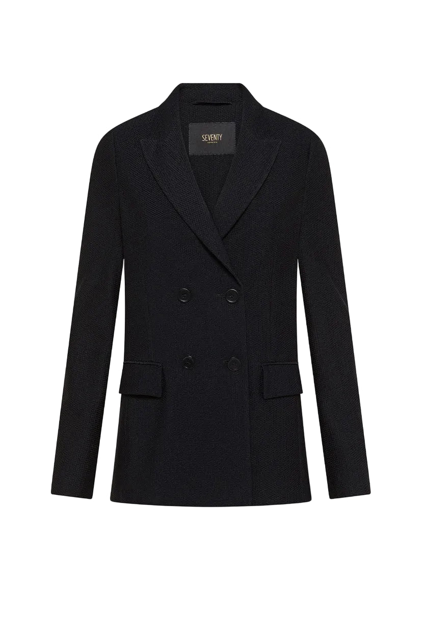 Black blazer with a brand label on a light gray background.