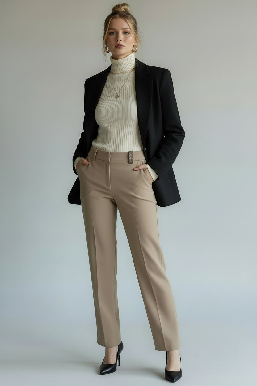 Woman wearing a black blazer, white turtleneck, beige pants, and black shoes on a plain background