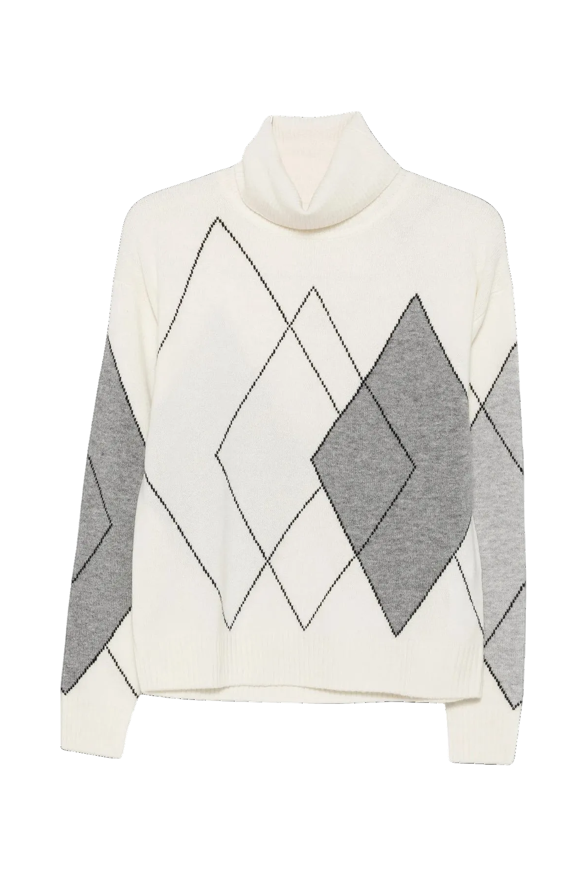 An off-white turtleneck sweater featuring a gray and black argyle diamond pattern on the front and sleeves, displayed against a solid white background.