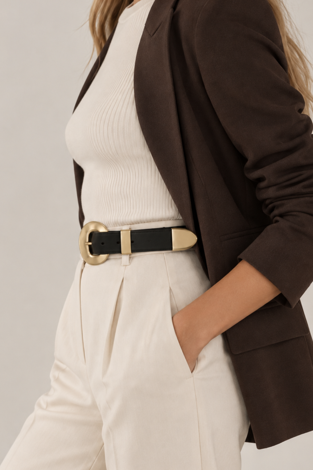 Side view of a women wearing a dark brown open-front blazer over a white ribbed top and white high-waisted trousers, styled with a black belt featuring a gold buckle.