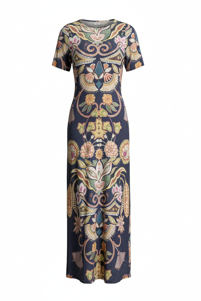 Navy blue dress with colorful floral pattern on a white background