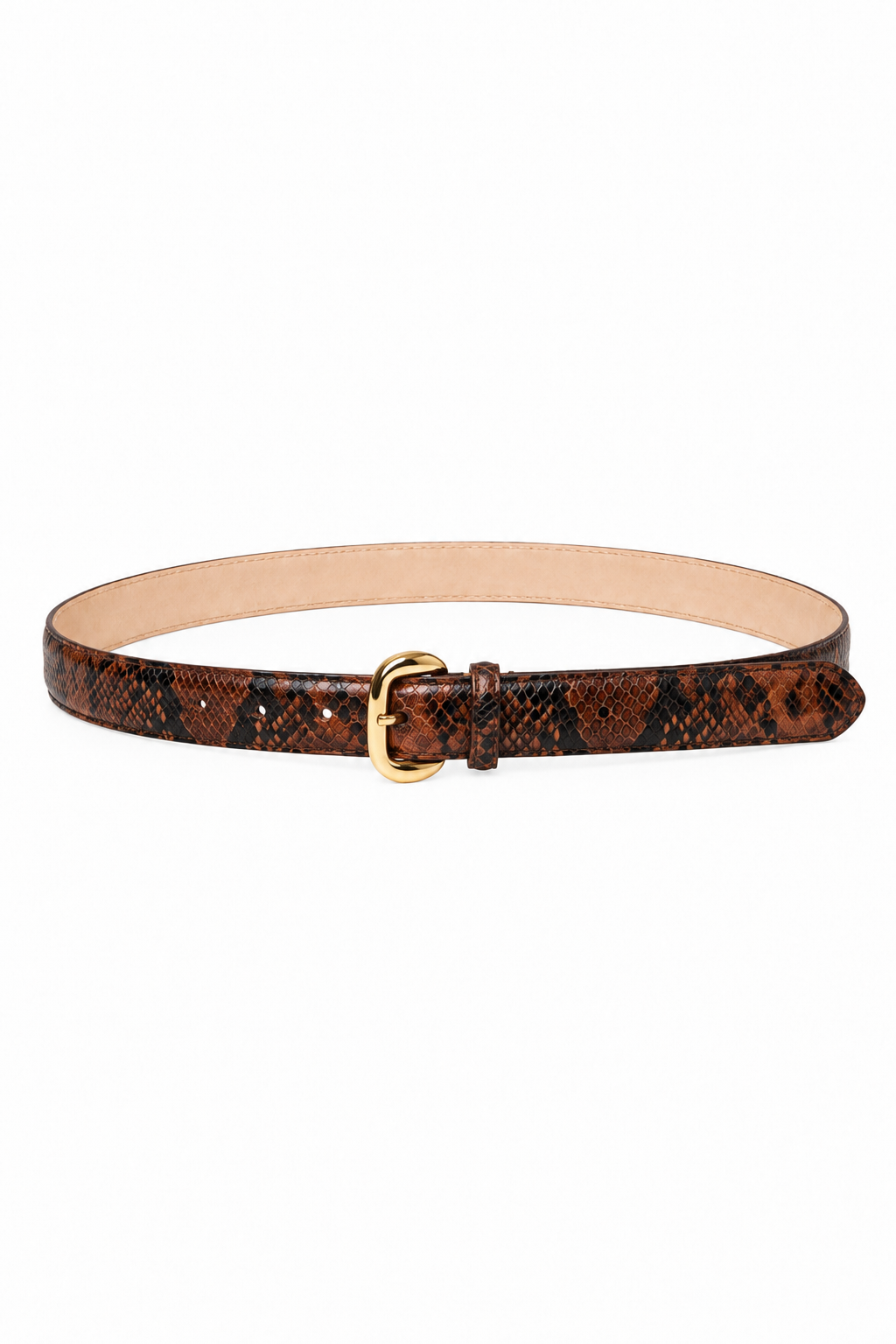 Skinny brown and black snakeskin-print leather belt with a polished gold-tone buckle, adjustable pin closure, and matching keeper, centered on a white background.