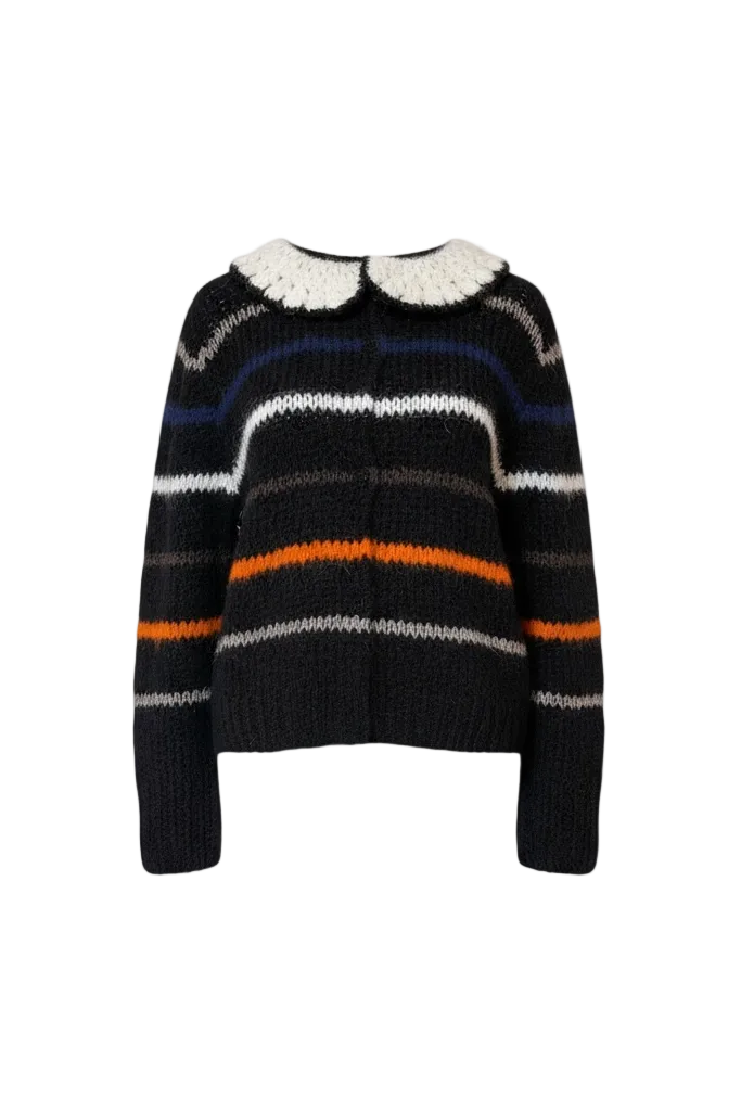 Striped sweater with a Peter Pan collar on a white background.