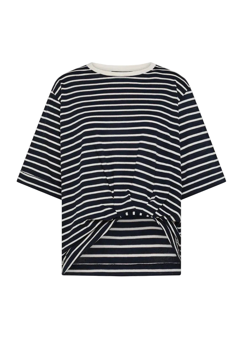 Navy and white striped dress on a white background.