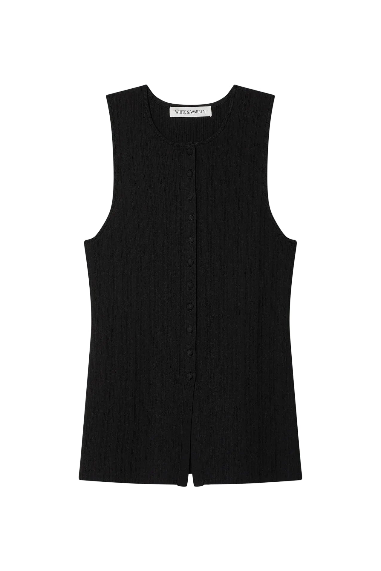 Black sleeveless vest on a white background.