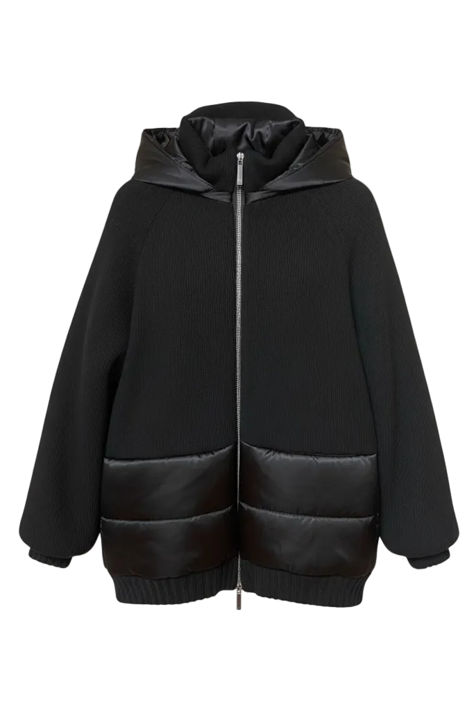 Black hooded jacket with leather accents on a white background