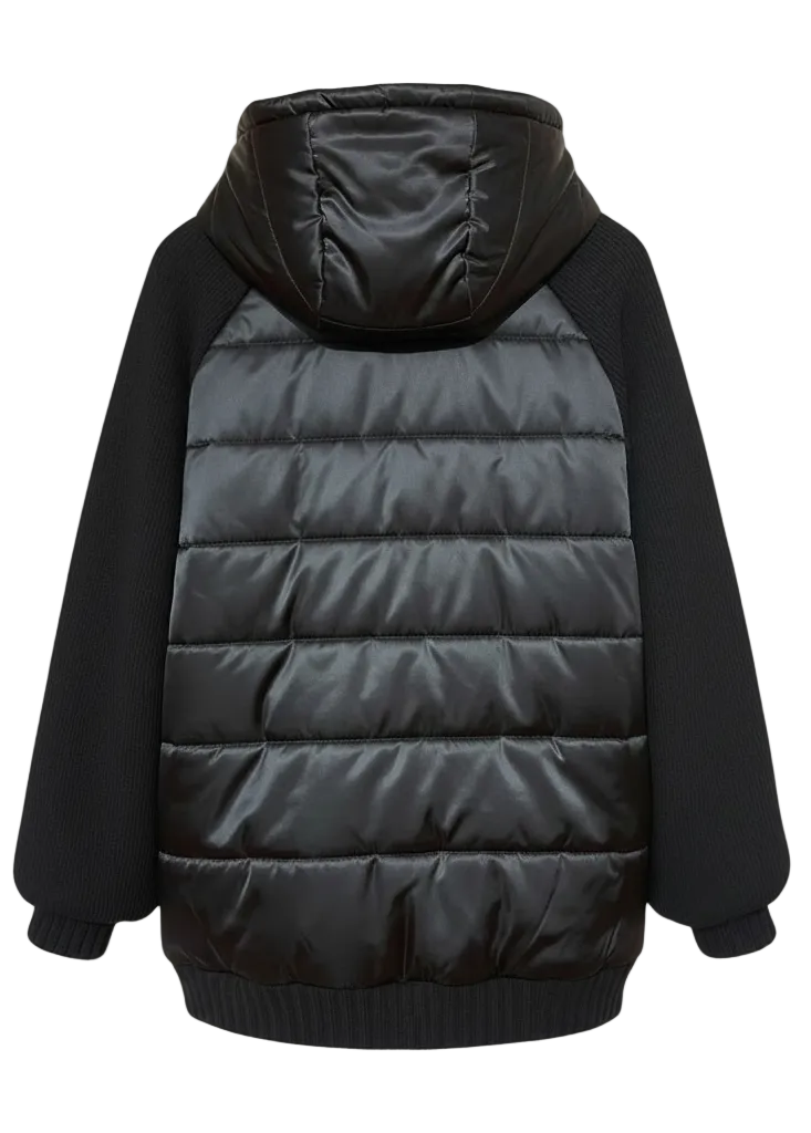 Black puffer jacket with a gray back on a white background.