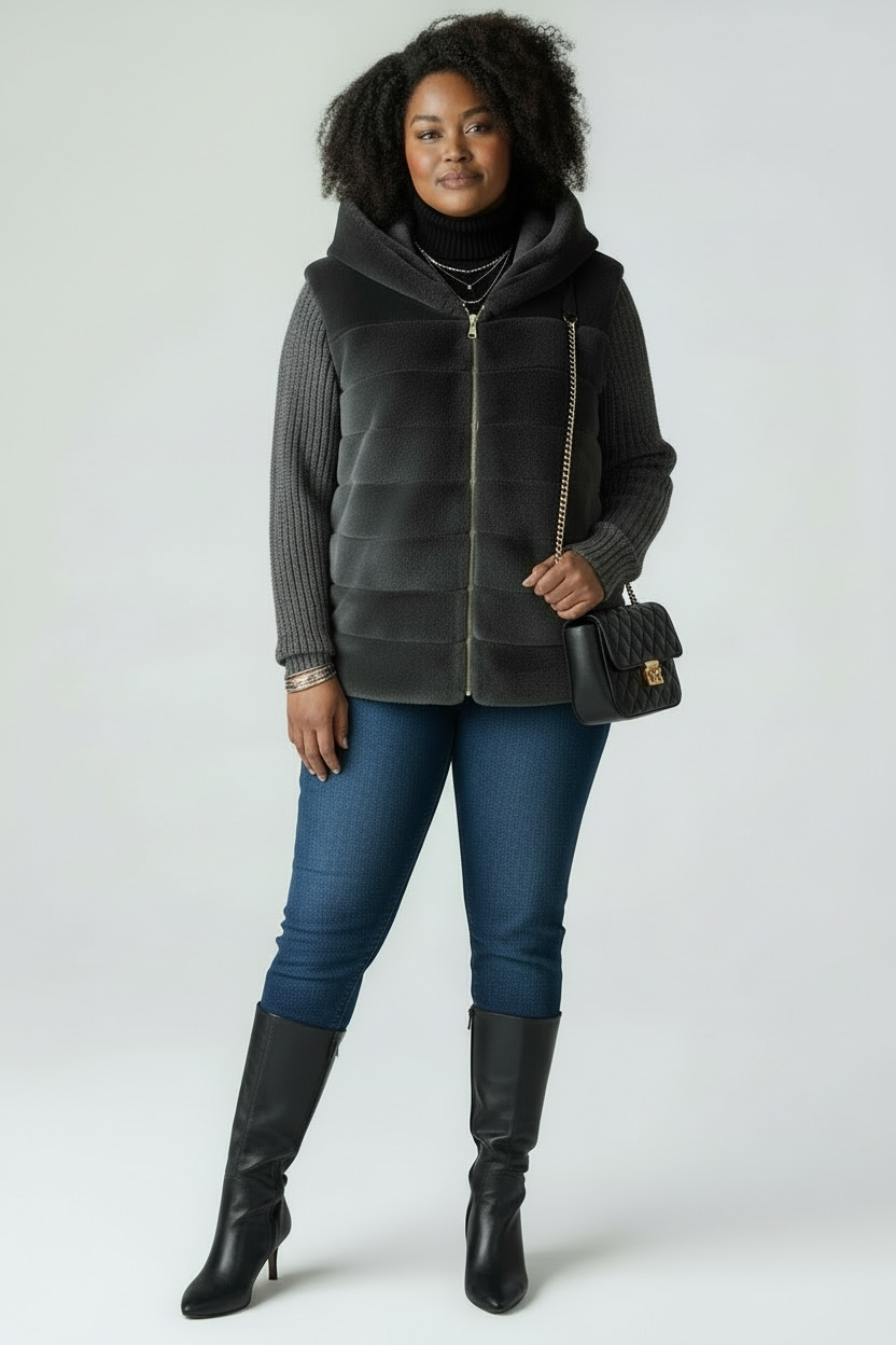 Woman wearing a dark gray zip-up hoodie, blue jeans, and black knee-high boots on a white background.