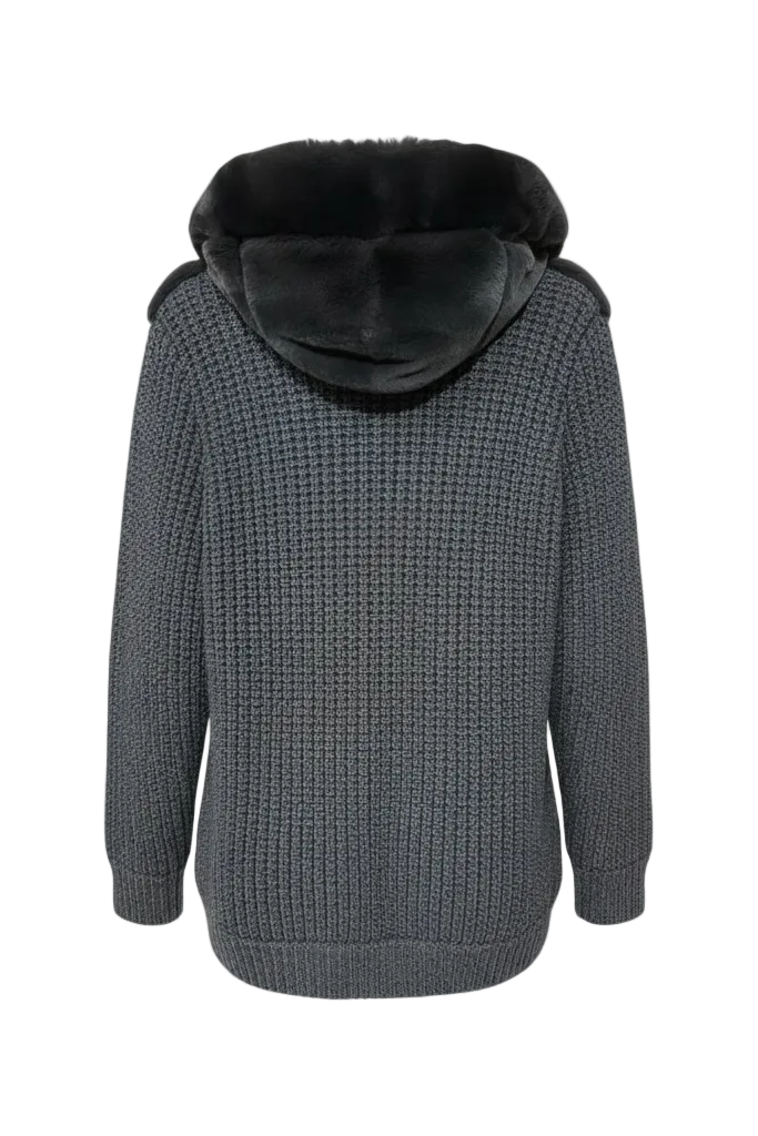 Gray knitted hoodie with black fur lining on a white background.
