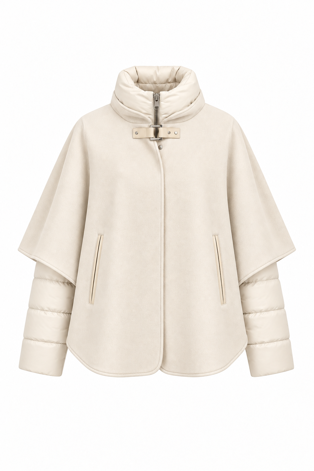 Cream convertible cashmere cape with removable quilted puffer jacket, high collar, front closure, and welt pockets.