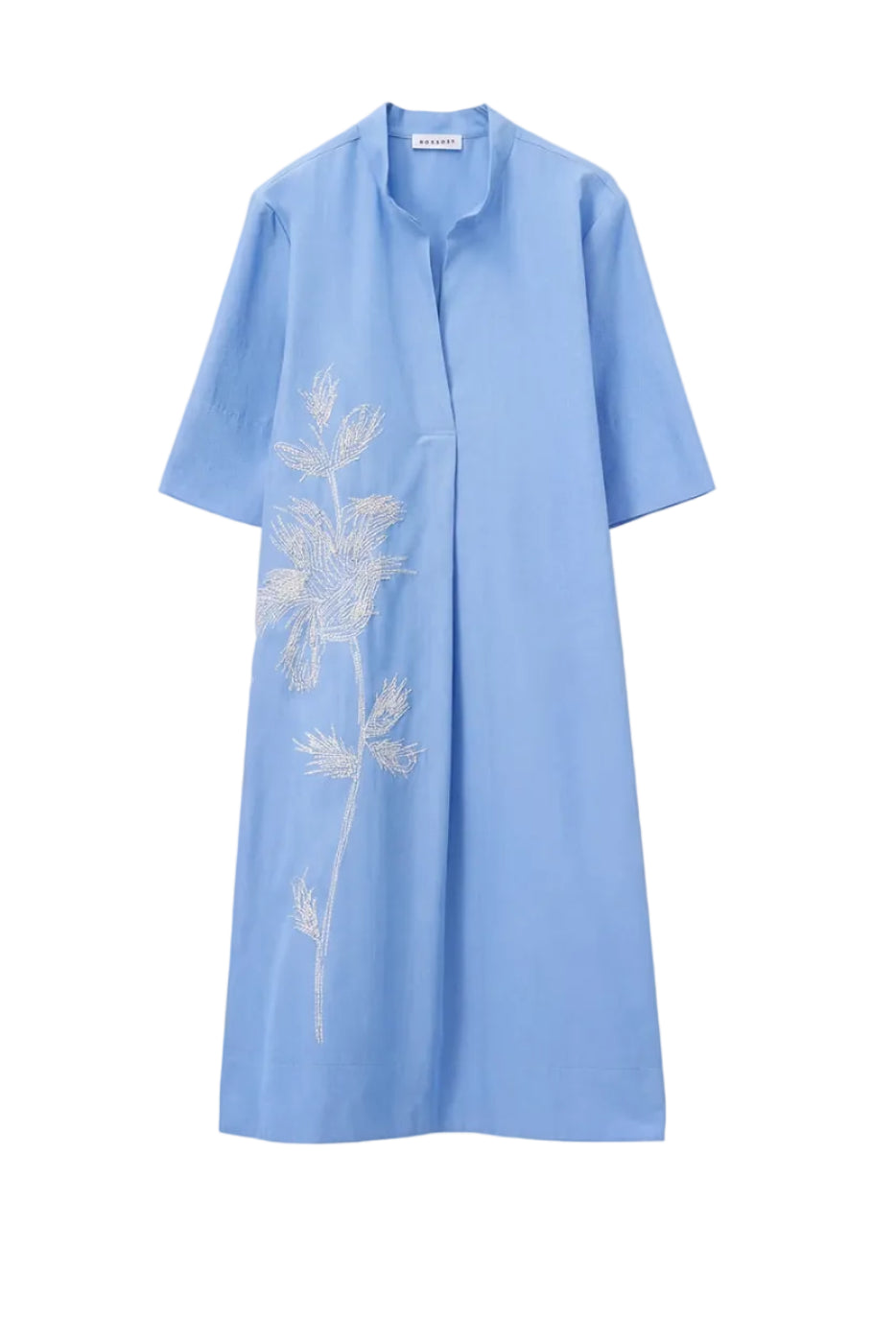 Light blue dress with white floral embroidery on a white background.