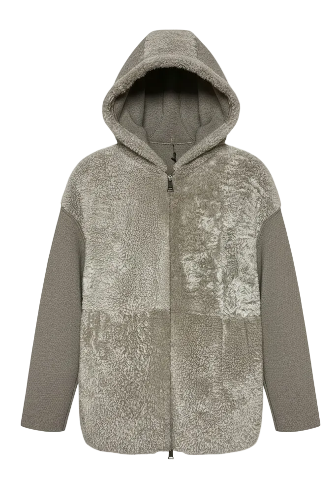 Gray hooded jacket with a textured pattern on a white background