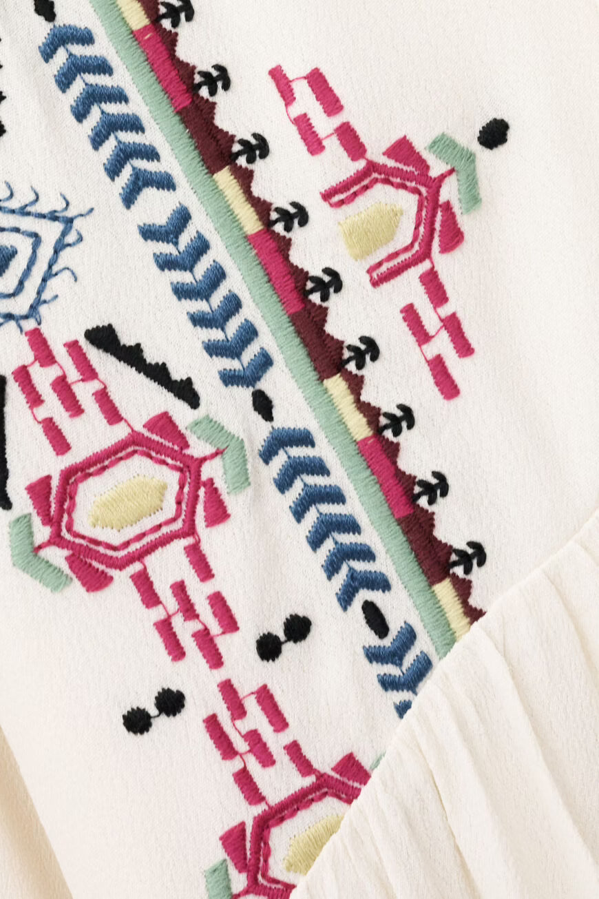 Close-up of a patterned fabric with geometric designs on a white background.