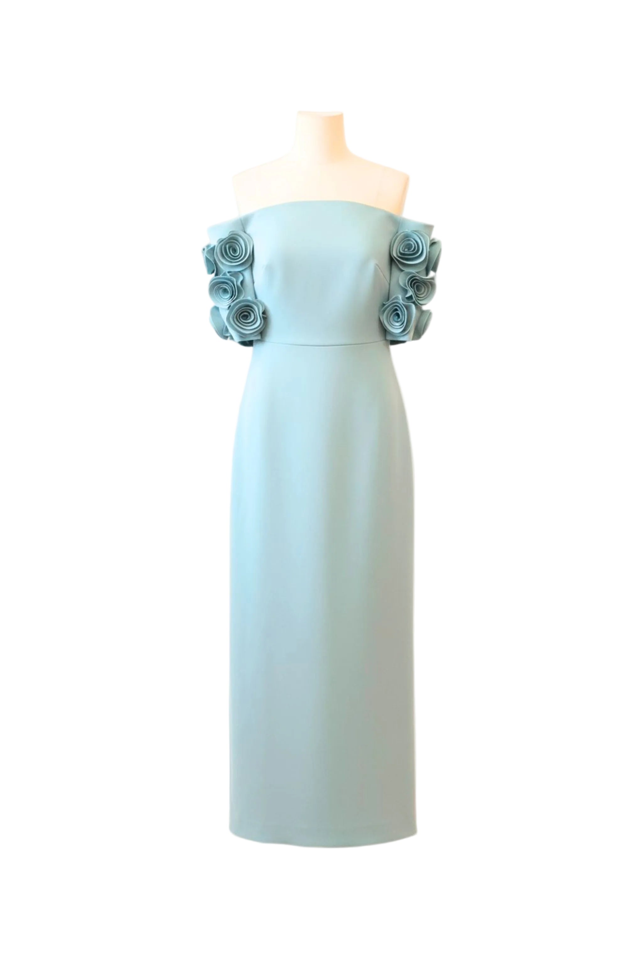 Light blue strapless dress with floral details on a mannequin against a white background.