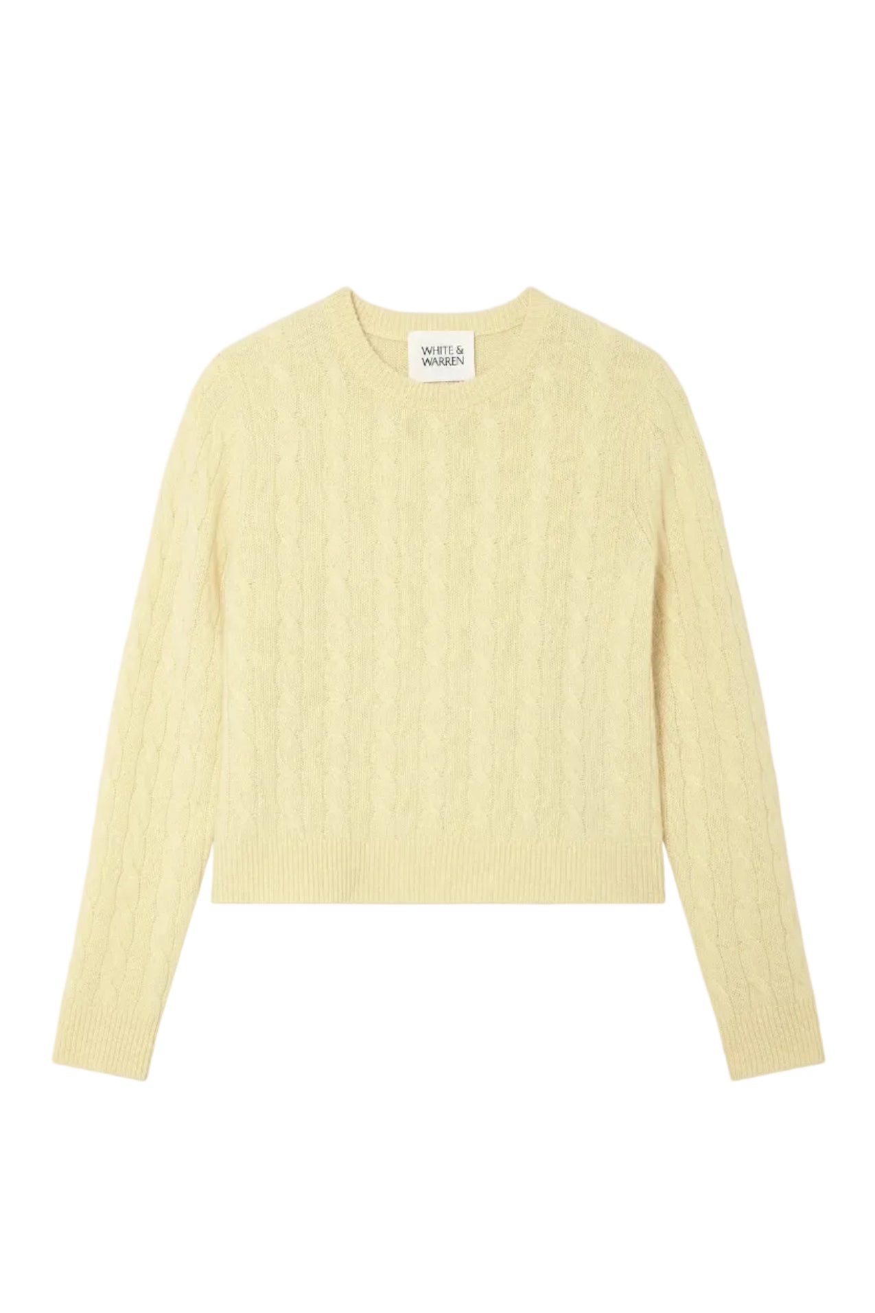 Light yellow sweater with brand label on a white background.