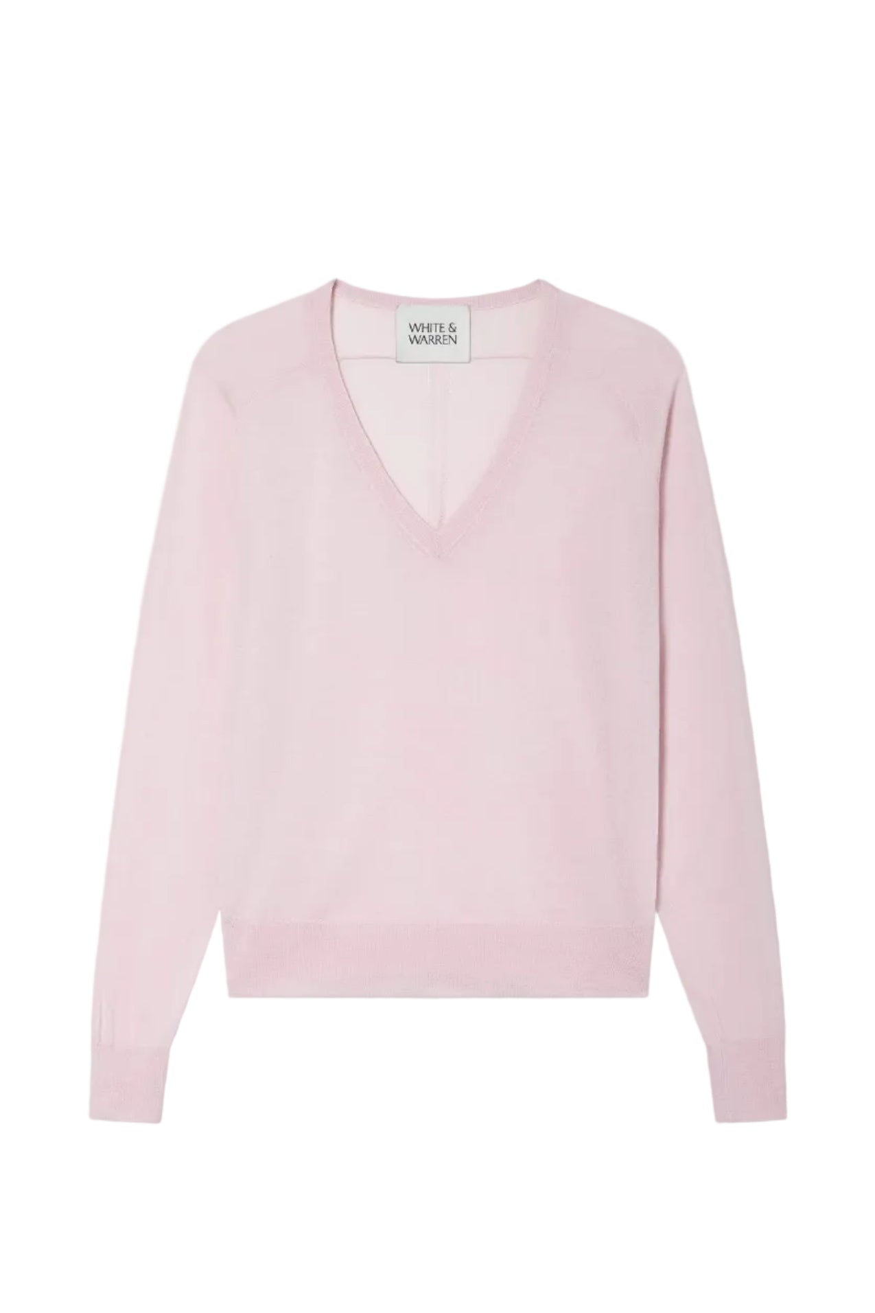 Pink v neck sweater on a white background.