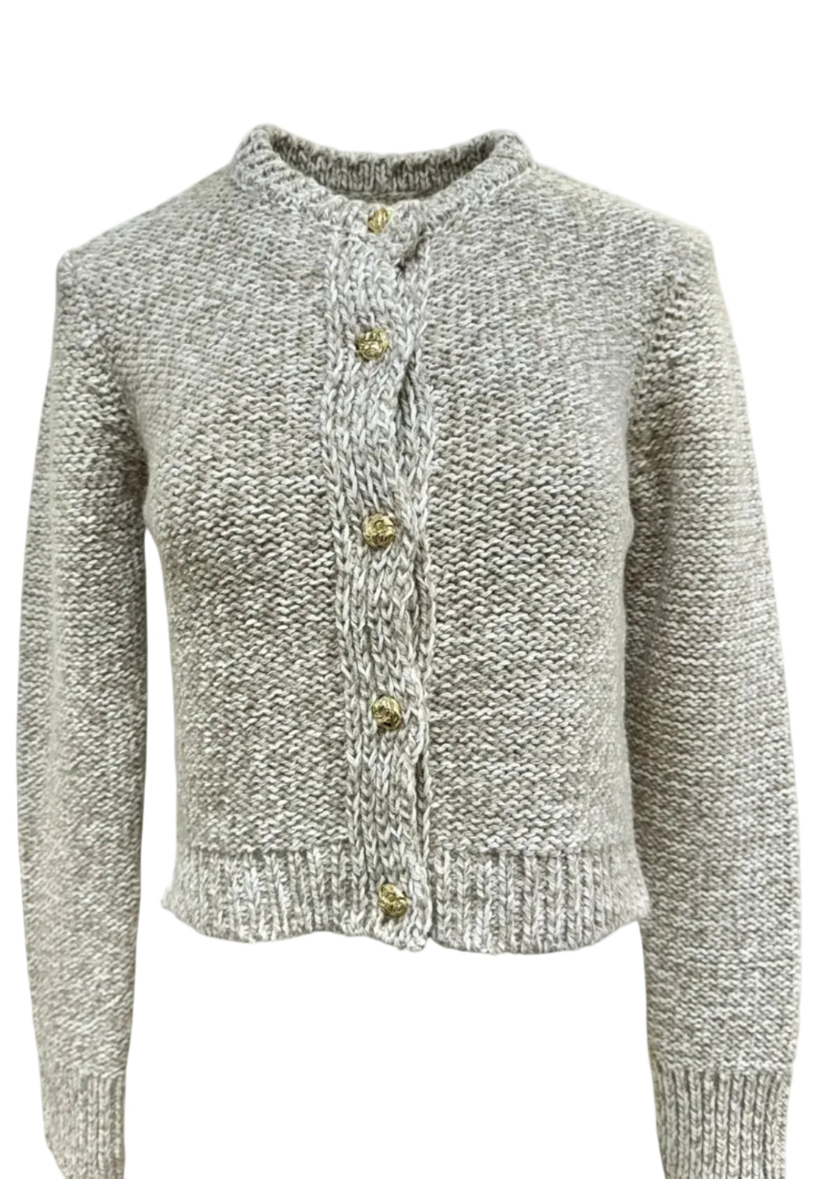 Knitted cardigan with gold buttons on a white background.