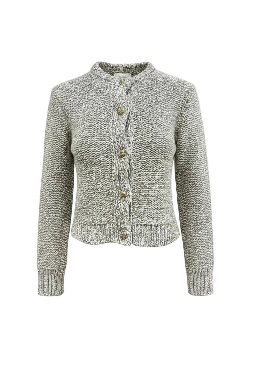 Taupe colored cardigan with gold buttons on a white background.
