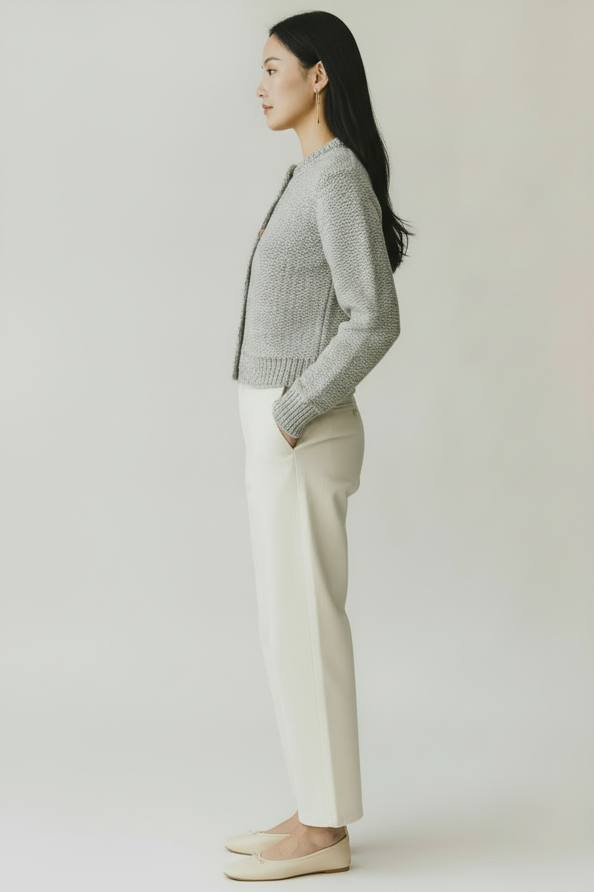 Woman wearing a gray knitted sweater and white pants against a plain background