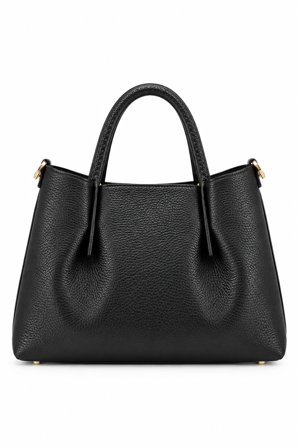Back ghost mannequin view of the Cuoieria Fiorentina Candy Medium Tote in black pebbled calfskin leather, featuring curved stitched leather handles, gold-tone hardware, and a softly structured silhouette against a clean white background.