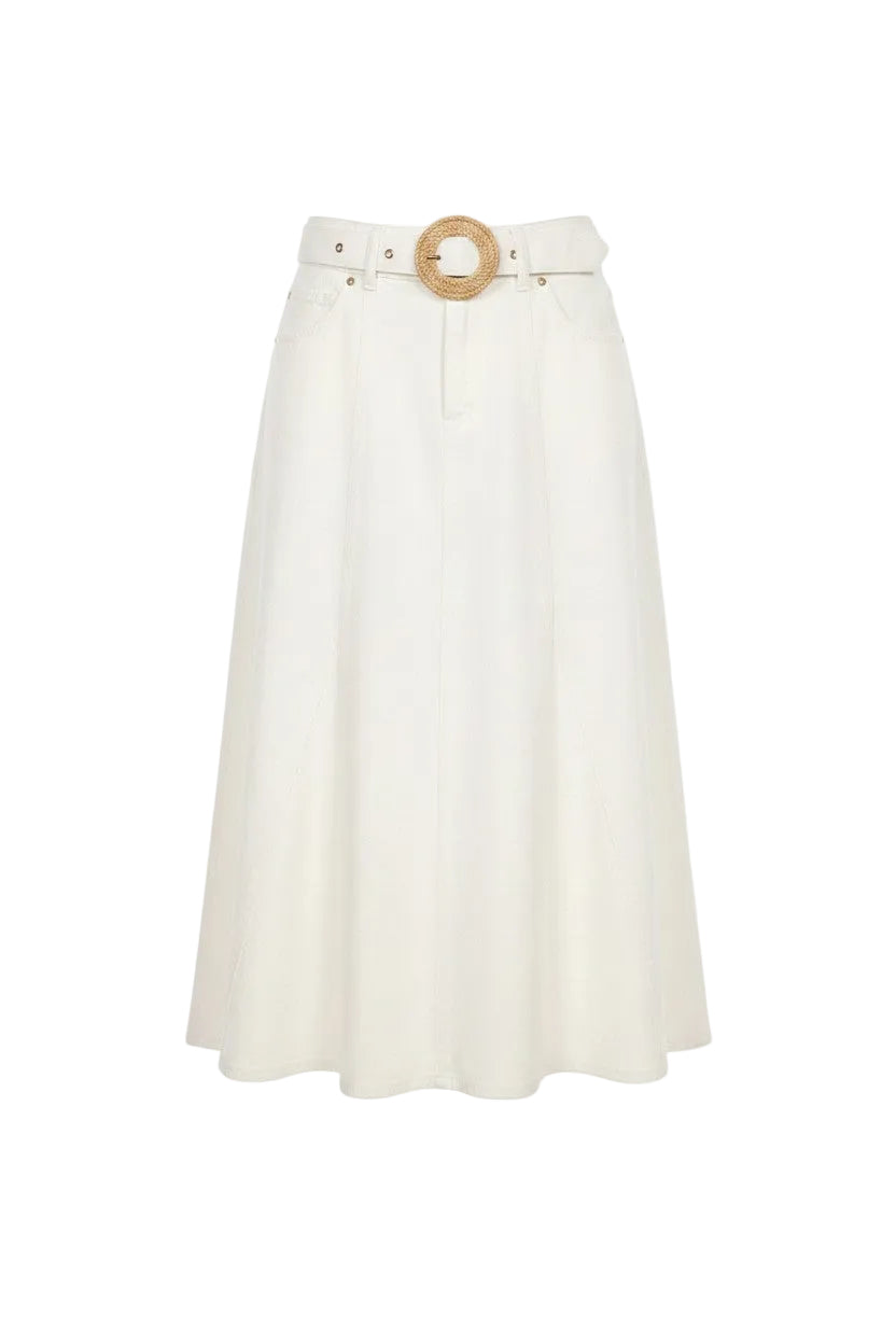 Off-white denim skirt with a wooden belt on a white background.