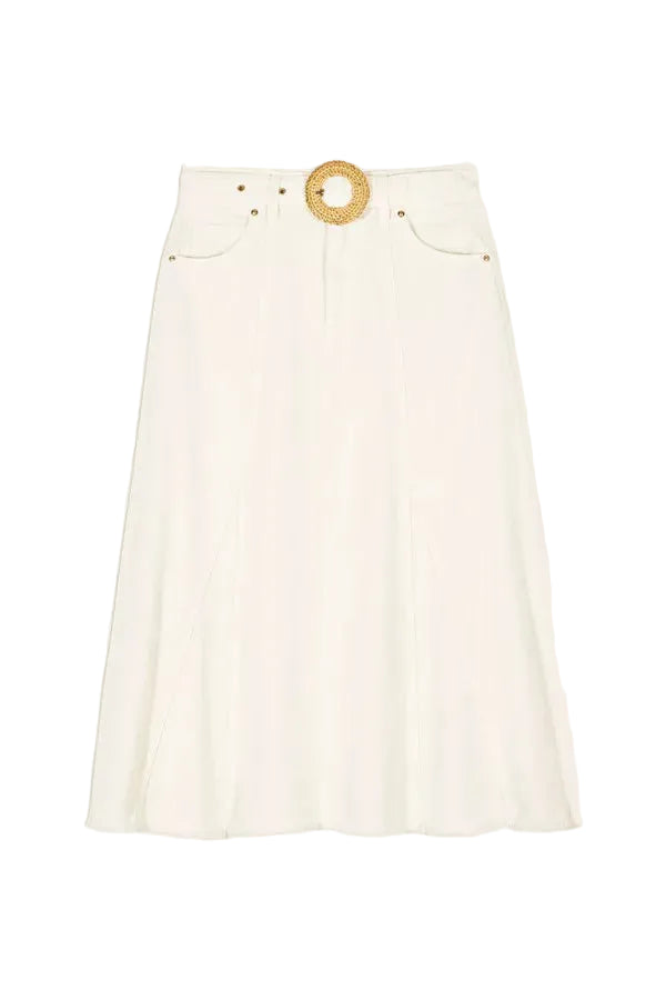 White denim skirt with a belt on a white background