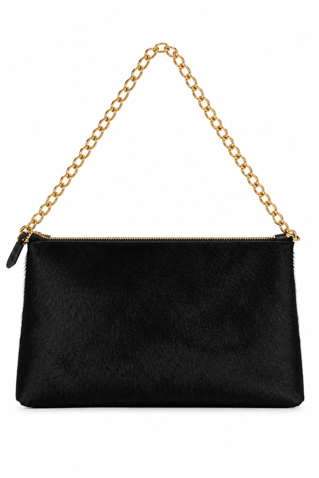 Back view of the Cuoieria Fiorentina Cavallino black calf hair pouch, featuring a soft textured exterior, gold-tone chain strap, and zip-top closure against a clean white background.