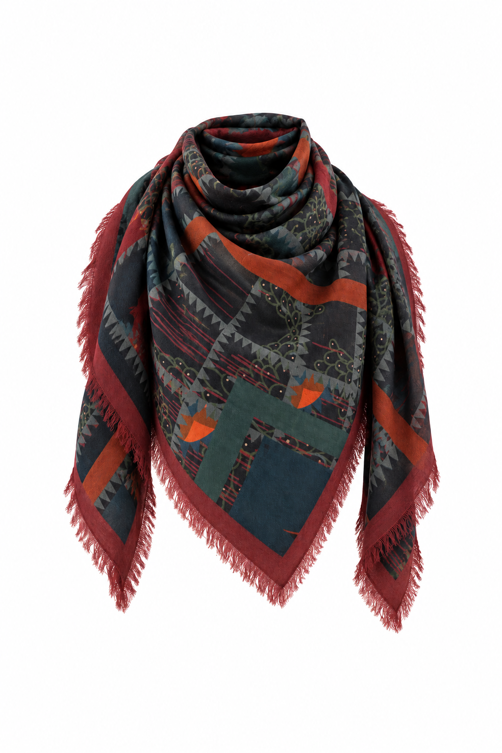Franco Ferrari Magar wool scarf with charcoal botanical and geometric print, teal and rust accents, and burgundy fringe, centered on white.