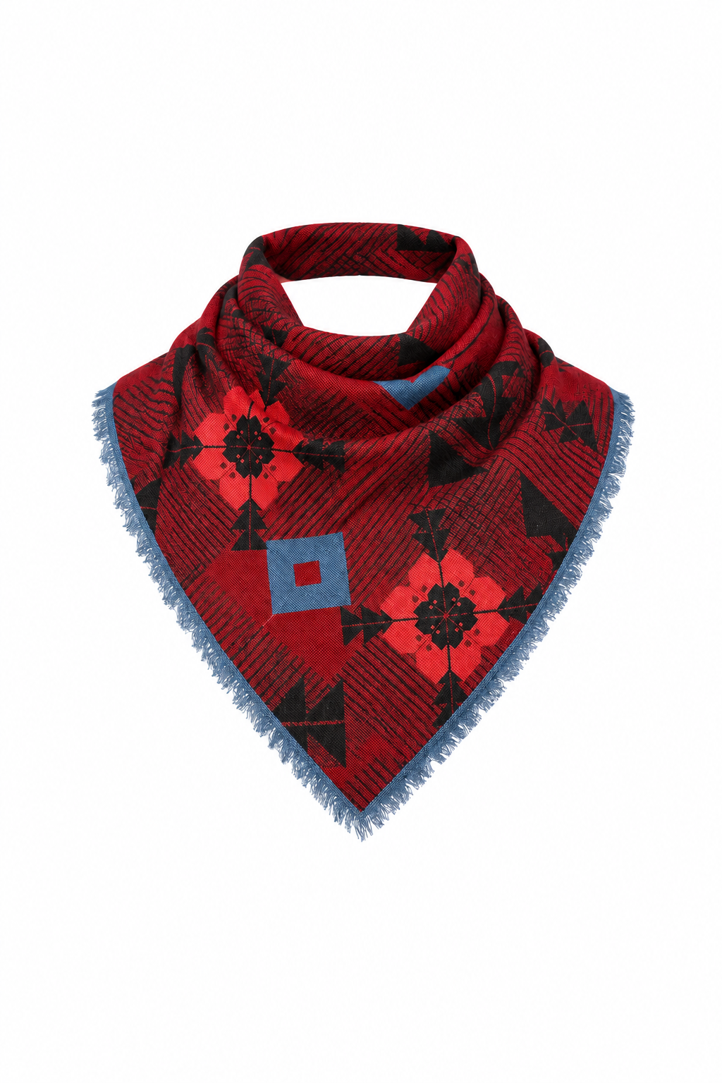 Franco Ferrari Grido garnet wool neck scarf with coral floral motifs, black geometric details and blue fringe, centered against a white background.