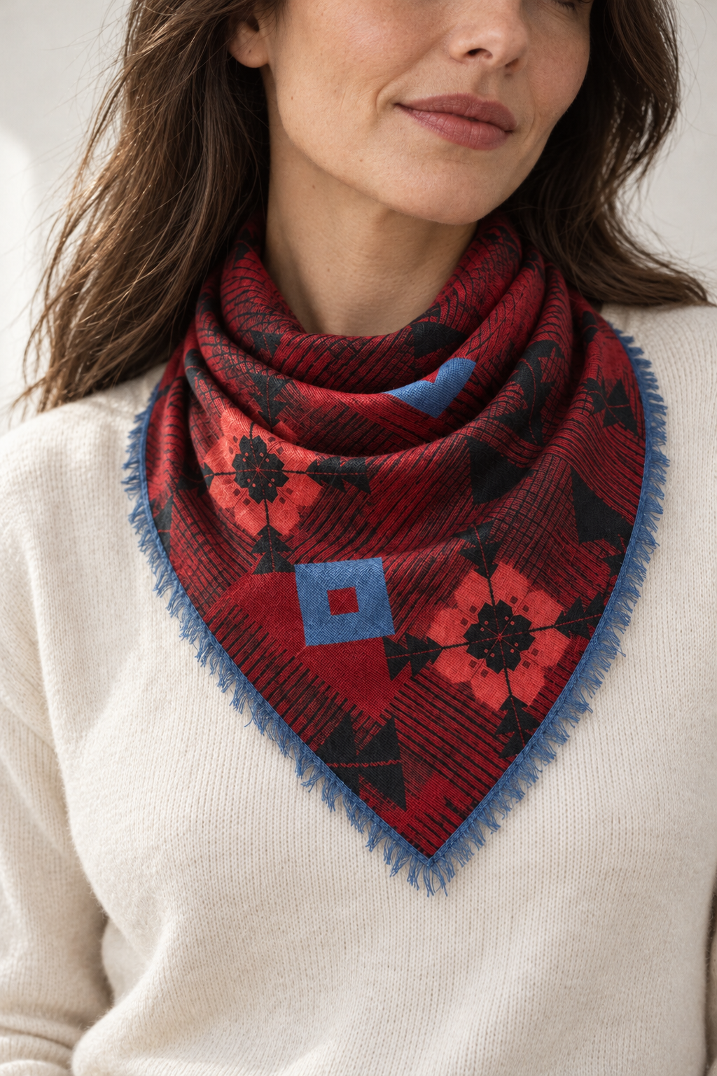 Close-up of a woman wearing the Franco Ferrari Grido garnet floral wool scarf with blue accents and fringe over a cream knit sweater.