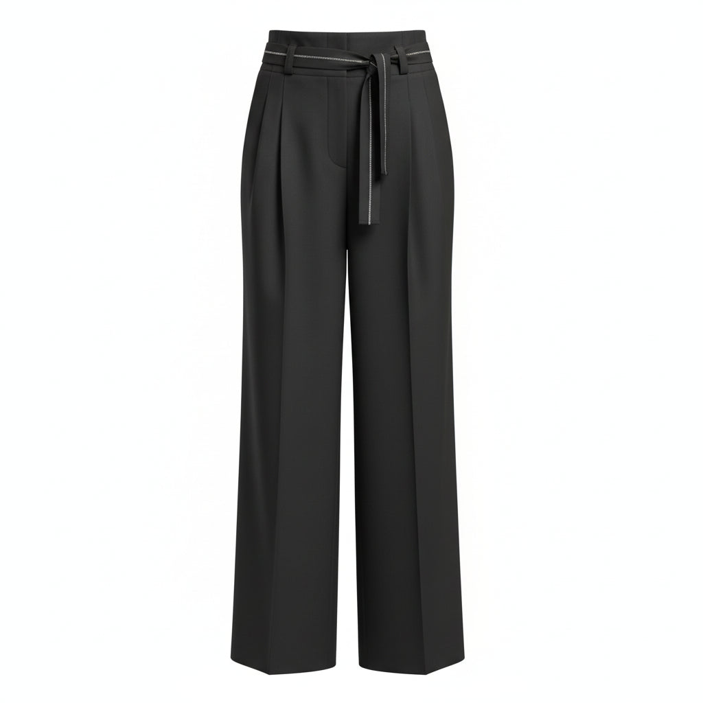 Black wide-leg pants with a belt on a white background.