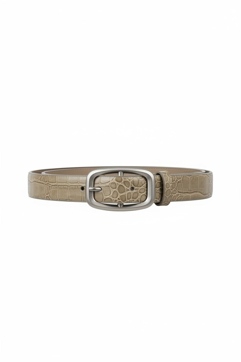 Beige belt with a silver buckle on a white background.