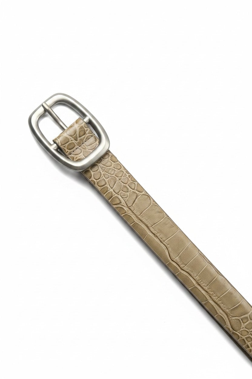 Brown leather belt with silver buckle on a white background.