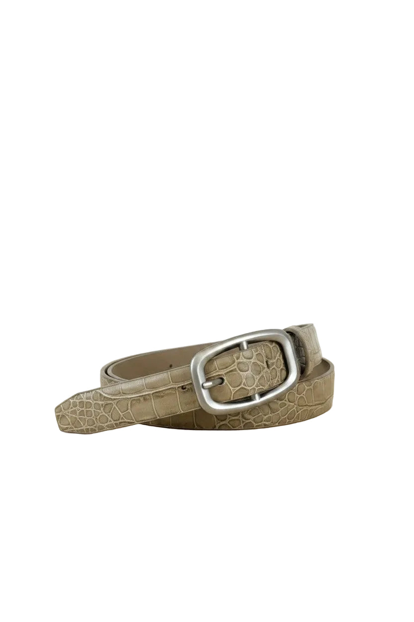 Brown textured belt with silver detailing on a white background.