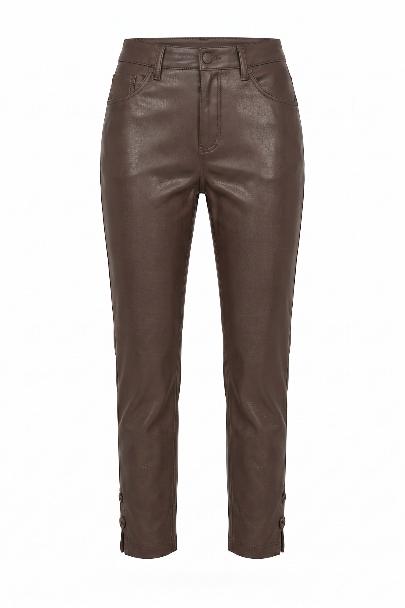 Raffaello Rossi Ronija 7/8 vegan leather pants in dark brown, front product view with slim tapered legs and buttoned ankle slits.
