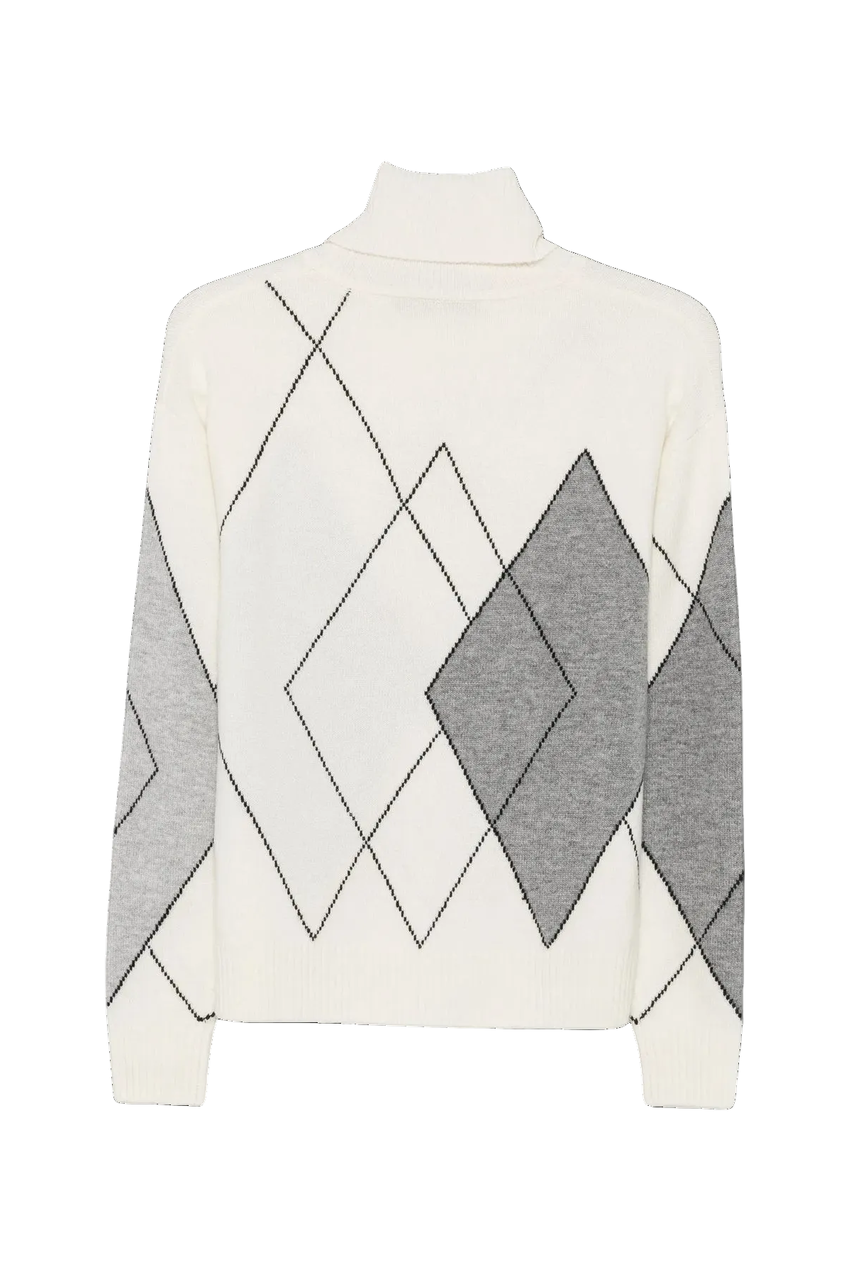 An off-white turtleneck sweater with a gray and black argyle diamond pattern on the front, displayed on a clean white background.