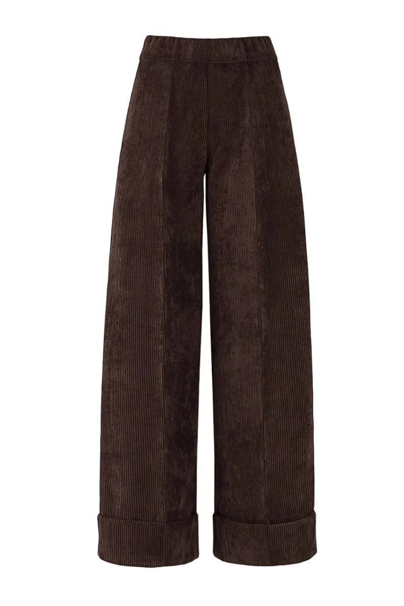 D.Exterior brown ribbed corduroy cropped trousers with elastic waistband, straight-leg silhouette, and turned-up cuffs.