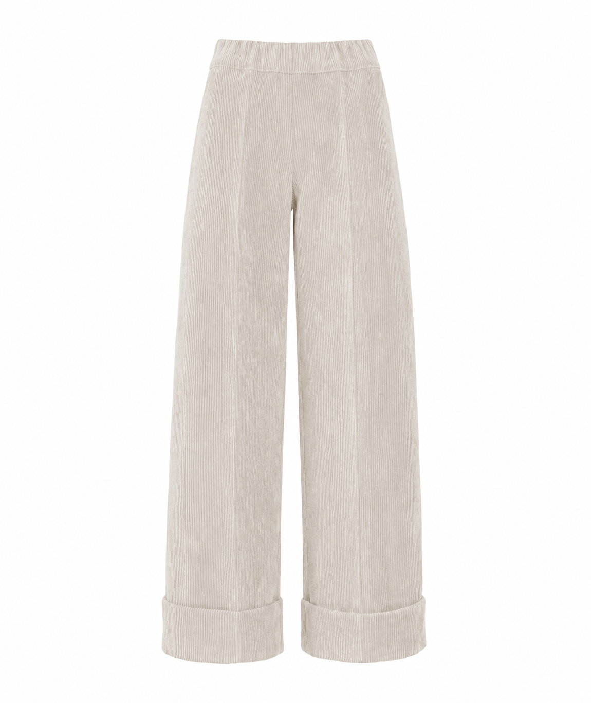 D.Exterior cream ribbed corduroy cropped trousers with elastic waistband, straight-leg silhouette, and turned-up cuffs.